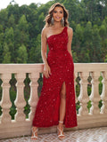 Red One Shoulder Slit Sequin Party Dress