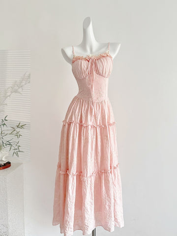 Ruffled Layers Spaghetti Strap Pink Maxi Dress