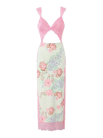 Pastel Blossom Lace Detail Maxi Dress