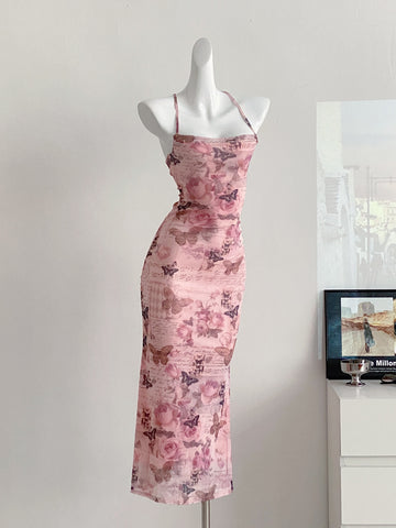 Spaghetti Straps Floral Pink Summer Maxi Dress