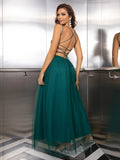 Celestial Gleam Green Sequined Tulle Gown Dress