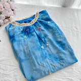 Embroidered Floral Patterns Blue Halter Neck Maxi Dress