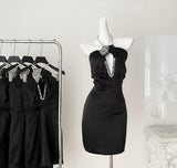 Sparkling Rhinestone Embellishments Halter Neck Little Black Dress