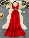 V Neck Mesh Red Satin Evening Dress