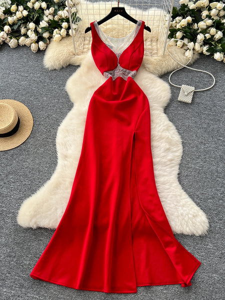 V Neck Mesh Red Satin Evening Dress