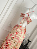 Halter Neck Floral Print Pleated Maxi Dress