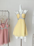 Silver Sequin Embellishments Yellow Mini Dress