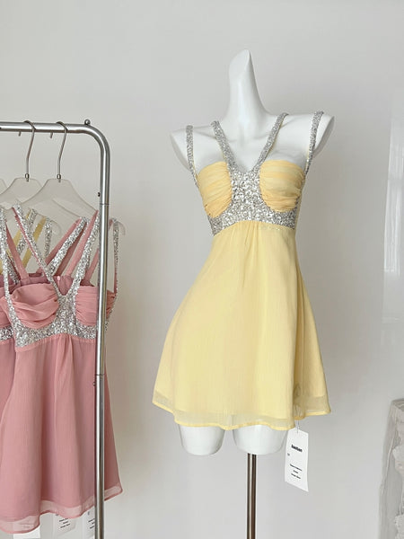 Silver Sequin Embellishments Yellow Mini Dress