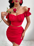 Red Off-Shoulder Top and Skirt Set
