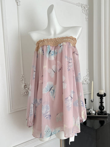 Pretty Pink Off Shoulder Butterfly Print Blouse