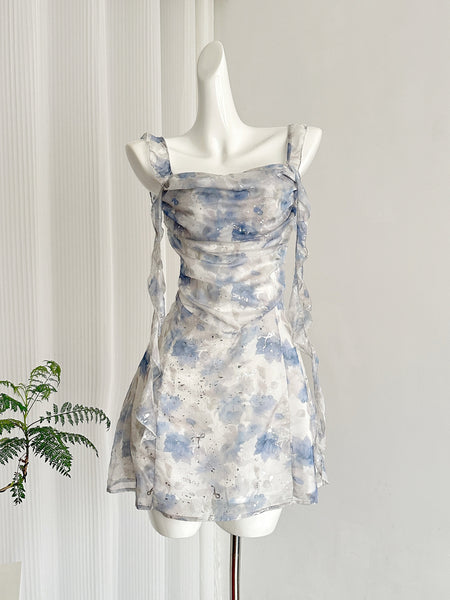 Elegant Blue Watercolor Print Summer Dress