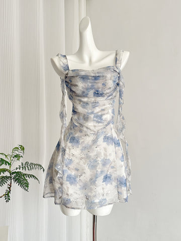 Elegant Blue Watercolor Print Summer Dress