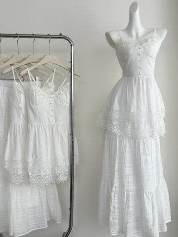 Lace Embellished Cami Top Tiered Ruffled Maxi Skirt Set