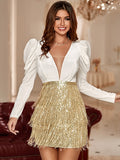 Plunging Neck Gigot Sleeve Sequin Fringe Dress