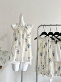 Blue Botanical Motifs Elegant Sleeveless White Outfit sets