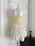 Ruffled Floral Yellow Halter Top Skirt Set