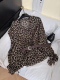 Long Sleeve Ruffle Hem Leopard Print Dress with Belt