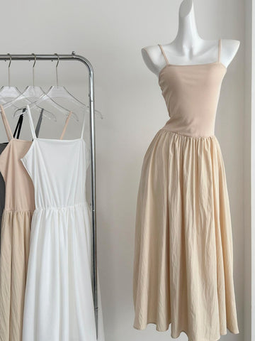 Flowy Skirt Minimalist Beige Spaghetti Strap Dress