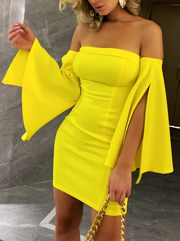 Canary Yellow Off-Shoulder Bell Sleeve Dress