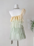 Flower Embellishment Ombre One Shoulder Tulle Mini Dress