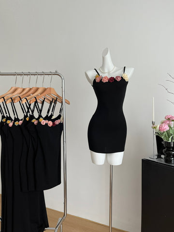 Sleek Black Floral Neckline Accents Mini Dress