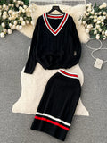 Bold Stripes Cable-Knit Sweater Skirt Set