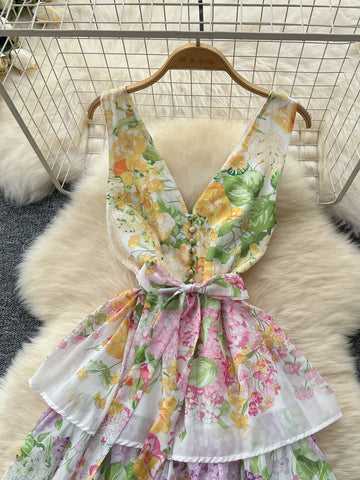 V-Neckline Floral Tiered Maxi Dress