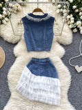 Ruffled Hem Lace Denim Vest and Skirt Set