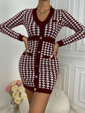 Houndstooth Button Front Bodycon Mini Dress