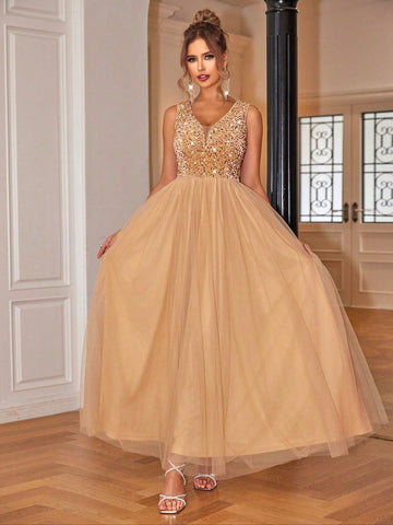 Golden Ebullience Tulle Evening Dress