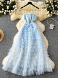 Ruffled Layers Spaghetti Straps Light Blue Tulle Dress