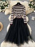 Floral Appliqués Tulle Skirt Striped Knit Dress