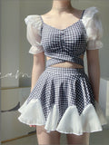 Ruffles Plaid Short Sleeves Swimwear Dress