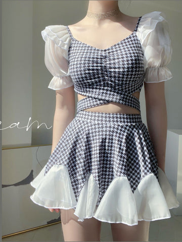 Ruffles Plaid Short Sleeves Swimwear Dress
