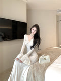 Elegant Long - Sleeve Ivory Mermaid Dress with Lace Cuffs