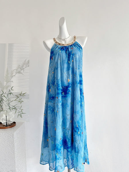 Embroidered Floral Patterns Blue Halter Neck Maxi Dress