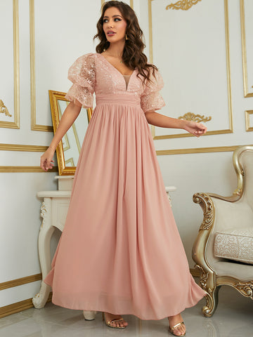 Pink Short Sleeve Chiffon Party Dress