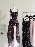 Ruffled Asymmetric Black Floral Print Dress