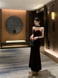 French temperament hanging neck backless velvet slim dress