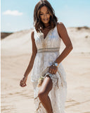 V-Neck Tasseled Lace Ankle-Length Dress