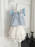 Blue and White Ruffled Crop Top and Skirt Set