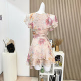 Ruffles V Neck Floral Print Short Mini Dress