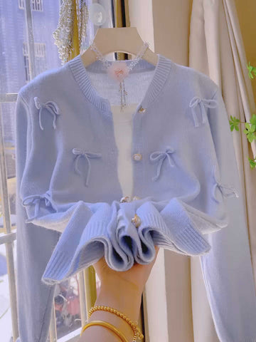 Bow Pearl Buttons Pastel Blue Cardigan