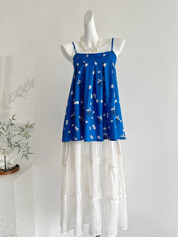 Spaghetti Strap Top Floral Ruffled White Maxi Skirt