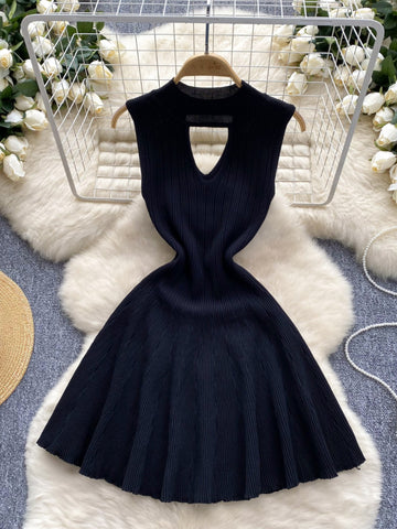 High Neck Keyhole Cutout Black Dress