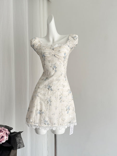 Beige Square Neck Floral Puff Sleeve Mini Dress
