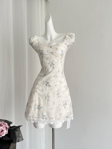 Beige Square Neck Floral Puff Sleeve Mini Dress