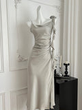 Sophisticated Light Blue One Shoulder Ruched Dress