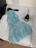 Chic Light Blue Halter Neck Ruffled Mini Dress