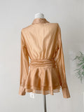 Belted Peplum Elegant Office Style Champagne Silk Shirt